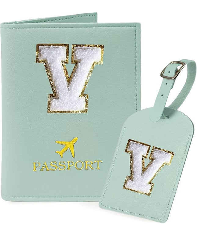 COSHAYSOO Green Passport Cover and Initial Luggage Tag Set TSA Approved with Preppy Chenille Letter Patch for Women Girl Friends, Trendy Travel Bag Backpack Suitcase Identifier Personalized Gifts (V)