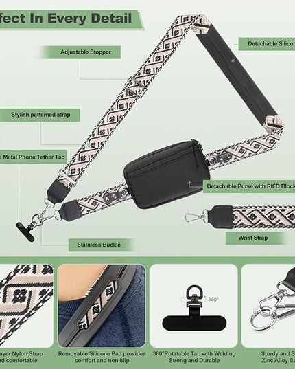 Clip and Go Strap for Phone with Wallet Crossbody, Adjustable Phone Lanyard with Detachable RFID Wristlet Wallet, Pattern Strap, Black (M)