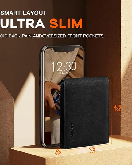 RUNBOX Wallet for Men Slim Leather Bifold RFID Blocking Minimalist Front Pocket Design with Gift Box