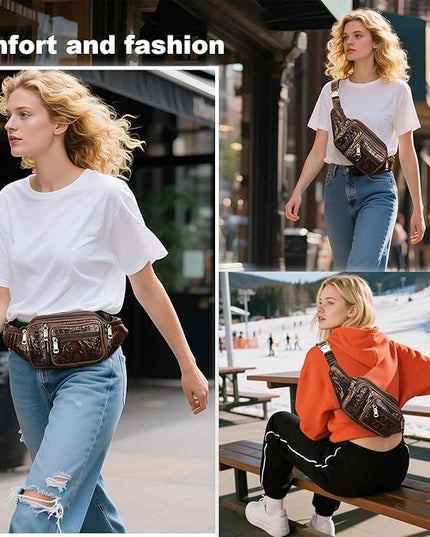 Genuine Leather Fanny Pack large capacity Crossbody Waist Bag with Zipper phone Pockets crocodile coffee