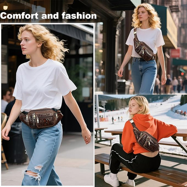 Genuine Leather Fanny Pack large capacity Crossbody Waist Bag with Zipper phone Pockets crocodile coffee