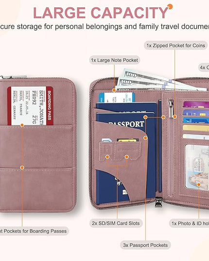 Family Passport Holder Wallet with Zipper, RFID Blocking Travel Document Organizer, PU Leather Passport Wallet for Women Men, Passport Cover Travel Wallet for Boarding Pass, ID, Money, Tickets
