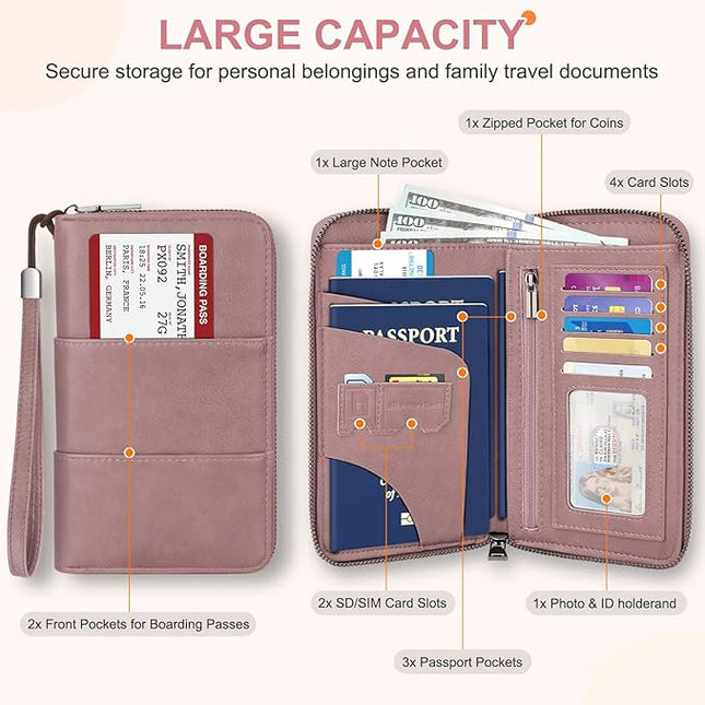 Family Passport Holder Wallet with Zipper, RFID Blocking Travel Document Organizer, PU Leather Passport Wallet for Women Men, Passport Cover Travel Wallet for Boarding Pass, ID, Money, Tickets