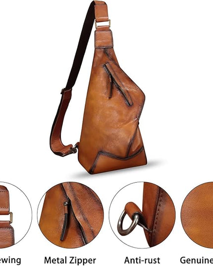 Genuine Leather Sling Bag for Men and Women Vintage Full Grain Leather Sling Purse Chest Daypack Over Shoulder Crossbody Bag (Brown)