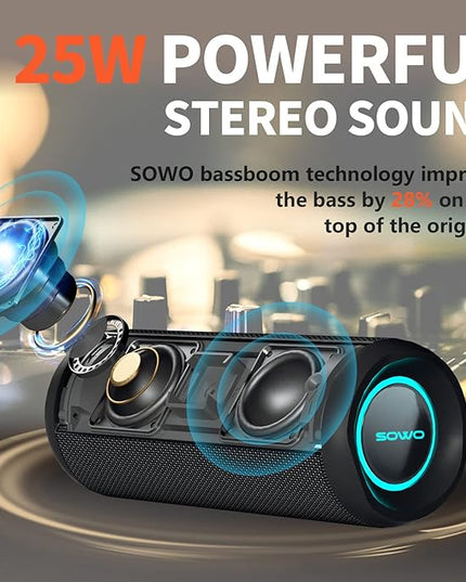 Wireless Portable Speaker,IPX7 Waterproof Bluetooth Speaker, 25W Loud Stereo Sound, Bassboom Technology, TWS Pairing, Built-in Mic, 16H Playtime with Lights for Home Outdoor - Black