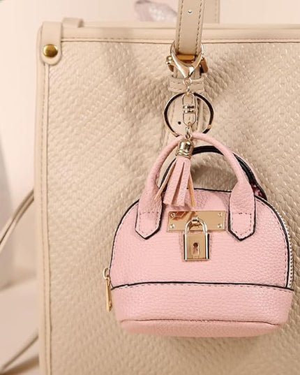 Cute Genuine Leather Keychain Coin Purse for Women with Tassels Mini Change Pouch Brown (Pink)