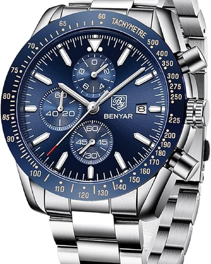 BY BENYAR Watch for Men Analog Quartz Chronograph Waterproof Luminous Designer Mens Wrist Watches Business Work Sport Casual Dress Watch with Silicone Strap Elegant Gifts for Men