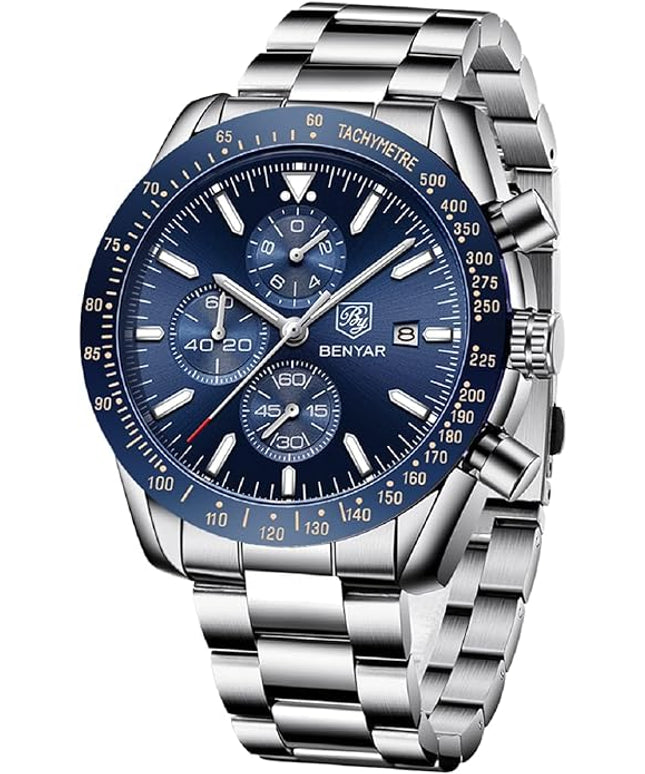 BY BENYAR Watch for Men Analog Quartz Chronograph Waterproof Luminous Designer Mens Wrist Watches Business Work Sport Casual Dress Watch with Silicone Strap Elegant Gifts for Men