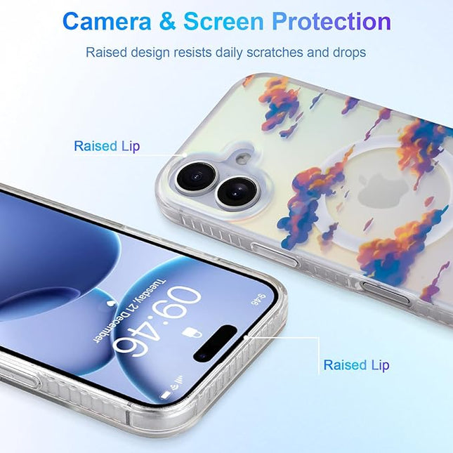 Cute Case for iPhone 17 Case for Women Girls [ Compatible with Magsafe ] Aesthetic Cloud Pattern Design, Girly Glitter Sparkly Bling Protective Phone Cover, Iridescent Sun Set Sky
