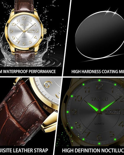 Mens Leather Watch Large Face Classic Quartz Mens Analog Watches Luxury Dress Watches for Men Waterproof Men's Wrist Watch Easy Read with Date Number Dial Relojes para Hombre