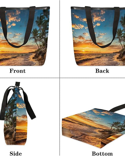 Pardick Palm Tree Beach Print Canvas Tote Bag, Eco Friendly Reusable Grocery Shopping Bags Beach Bag Book Tote Handbags Washable Shoulder Bag With Zipper Inner Pocket for Women Girls