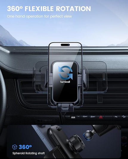 Lamicall 2026 Wider Clamp & Metal Hook Car Phone Holder Vent [Thick Cases Friendly] Phone Holders for Your Car Mount Automobile Hands Free Cradle Air Vent for iPhone 17 16 15 Pro Max Lucite Black