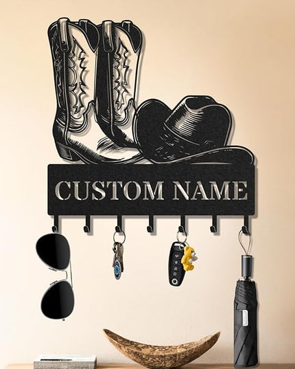 LOWACOS Personalized Key Holder for Wall, Custom Metal Cowboy Key Hooks with Name, Meta Jacket Holder Hooks Organizer Rack, Jacket Hanger Decor for Kitchen, Entryway, Hallway, Office, Doorway
