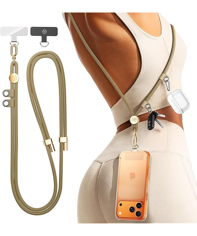 Phone Lanyard Crossbody with 2 Hanging Loops: Metal Buckle Adjustable Skin-Friendly Cell Phone Strap for iPhone Around,Hands-Free Universal Anti Theft Neck Lanyards For Outdoor Travel,Khaki