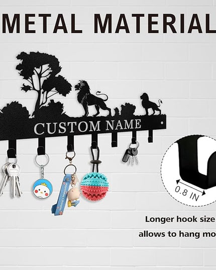 Kotagi Personalized Key Holder Wall Mount, Black Metal Key Hanger Adhesive Key Rack Organizer with Lion Design, Key Hooks Wall Decorative for Living Room, Entryway, Doorway, Hallway, Garage