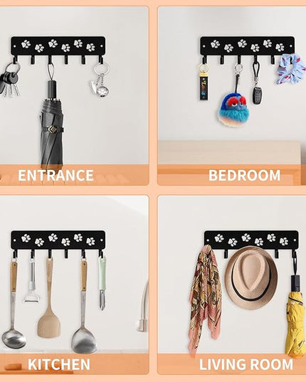 Key Hooks Key Holder Decorative Dog Leash Holder for Wall, 6 Hooks 9.75×2.73 inch for Wall Decorative Animal Storage Rack Adhesive, Black Hooks for Entrance Living Room Kitchen-Gifts for Dog Lovers