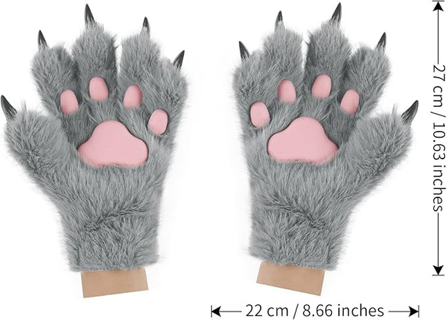 HAOAN Wolf Paw Gloves Faux Fur Cat Fingerless Mittens Winter Warm Cosplay Halloween Fancy Party Costume Accessories