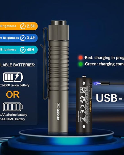 VTIGER T1A Mini Pocket EDC Flashlight with Clip,1300 Lumen Compact AA Rechargeable LED Little Flashlights, Super Bright Tail Switch Small Flash Light with Magnet for Camping,Hiking,Outdoor,Emergency