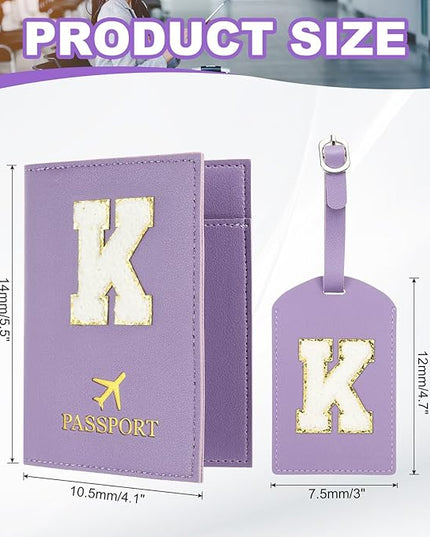 PATIKIL Passport Holder for Travel, Initial Passport Cover and Luggage Tag Set with Alphabet Chenille Letter Patch Travel Wallet Bag Suitcase Identifier for Women Family Travel Purple K