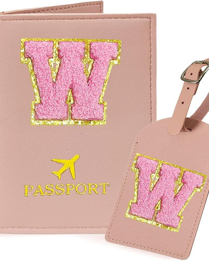 COSHAYSOO Initial Passport Cover Luggage Tag Set Letter Passport Holder Airplane Cruise Travel Essentials Vacation Traveling Accessories Personalized Gifts for Women Teen College Girls Pink W