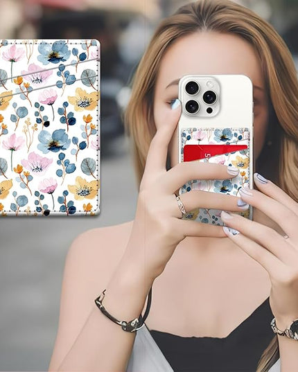 Phone Card Holder, Dual Pocket Leather Wallet Adhesive Stick On, Cute Credit Card Holder for Smartphones Case Compatible with Most Phone（Stamens）