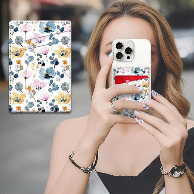 Phone Card Holder, Dual Pocket Leather Wallet Adhesive Stick On, Cute Credit Card Holder for Smartphones Case Compatible with Most Phone（Stamens）