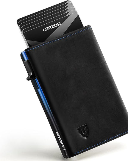 LORZOR Minimalist Wallet for Men with Credit Card Holder, Finest Full Grain Leather, Pop up Smart Wallet, Trifold Slim Wallet, RFID Blocking, Front Pocket, ID Window