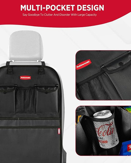 Rubbermaid Backseat Car Organizer, Kick Mats and Seat Back Protector, Car Organizer for Kids with 6 Storage Pockets, Travel Essentials for SUV, Truck, Car - 2 packs Black