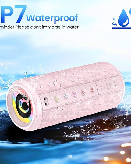 Portable Bluetooth Speaker, 2026 Bluetooth 5.4 Wireless Speaker with 20W HD Loud Stereo Sound, 20H Playtime, LED Lights, IP7, TWS Pairing, Built-in Mic, for Outdoor, Home, Beach, Party, Gift, Pink