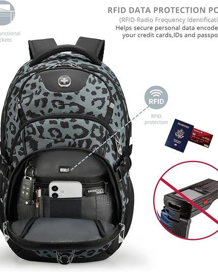Swissdigital Laptop Backpack with USB Charging Port, Travel Backpack Fits 15.6 inches Computer, 31L Backpack for Men, Gray Leopard | SD803-101