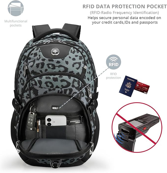 Swissdigital Laptop Backpack with USB Charging Port, Travel Backpack Fits 15.6 inches Computer, 31L Backpack for Men, Gray Leopard | SD803-101