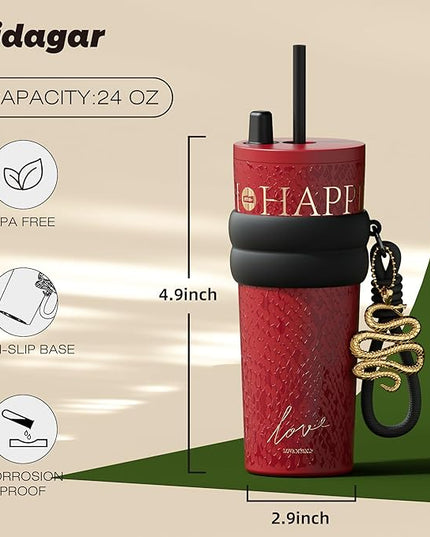 24 oz Tumbler with Lid and Straw, Insulated Coffee Mug Leak Proof, Portable Iced Travel Water Bottle, Reusable Thermal Coffee Cup, Gifts for Women, Red