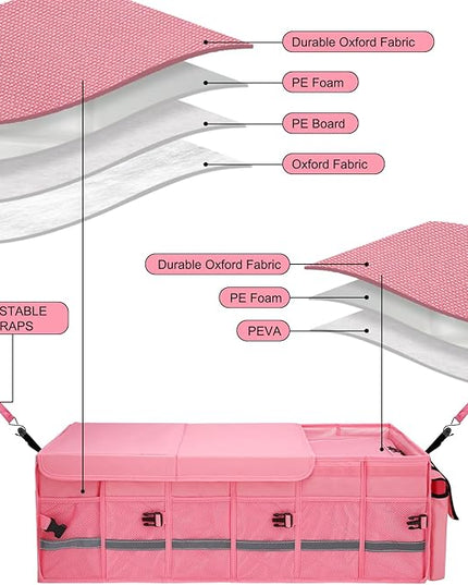 Car Trunk Organizer and Storage with Lid & Removable Leakproof Cooler Bag, Customized Space Pink Car Interior Accessories for Women Collapsible Large Trunk Organizers for Sendan SUV, Jeep, MPV, BMW