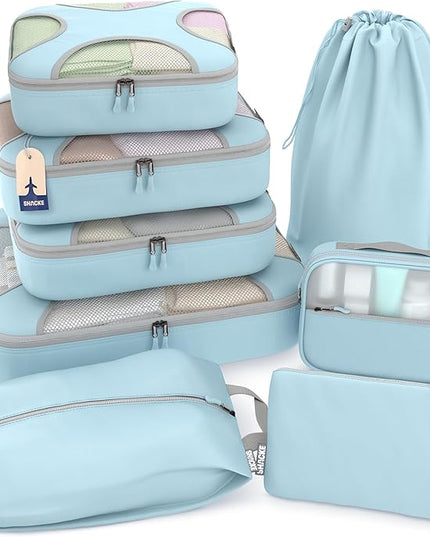 Shacke Premium 8 Packing Cubes Set - Lightweight Mesh Travel Luggage Organizers with Laundry Bag, 8-Piece Suitcase Storage System (Sky Blue)