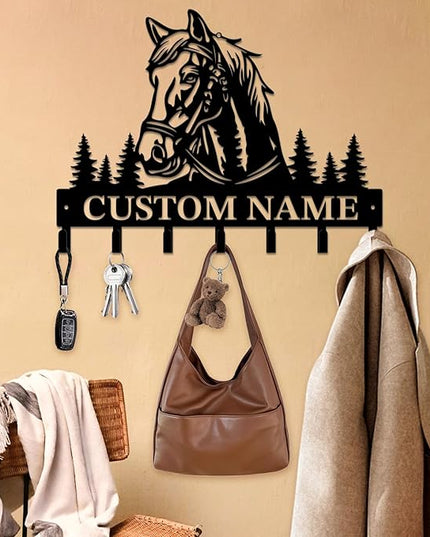 Personalized Custom Name Farm Horse Wall Key Hooks,Metal Horse Art Clothes Hooks,Metal Horse Wall Home Storage Decorative,For Front Door, Hallway, Kitchen, Bedroom,Keys,Hats (Style L)