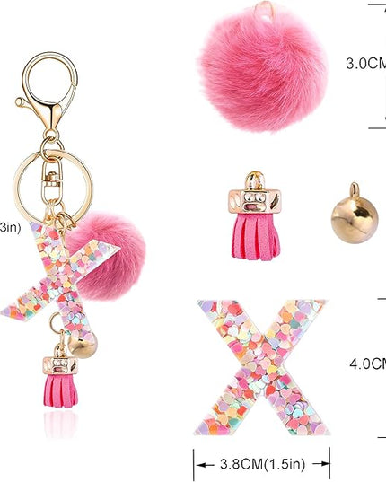 Resin Alphabet Initial Letter Keychain Keyring for Women Purse Handbags With Fur Ball Pom