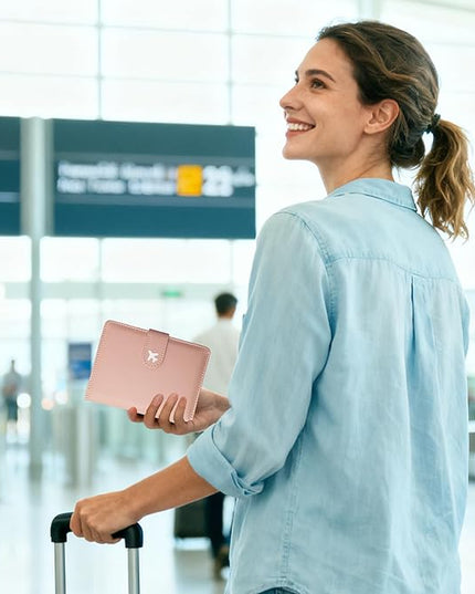 Passport Holder, Travel Wallet Cover with Pen Loop | Cute RFID Blocking Leather Case with Magnetic Closure for Travel Essentials-Pink