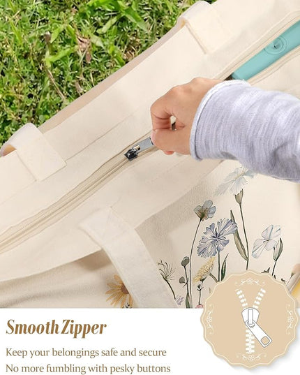 Large Tote Bag for Women - Aesthetic Cute Big Canvas Bags with Zipper Cotton Shoulder Bag for Gym, Travel, Work
