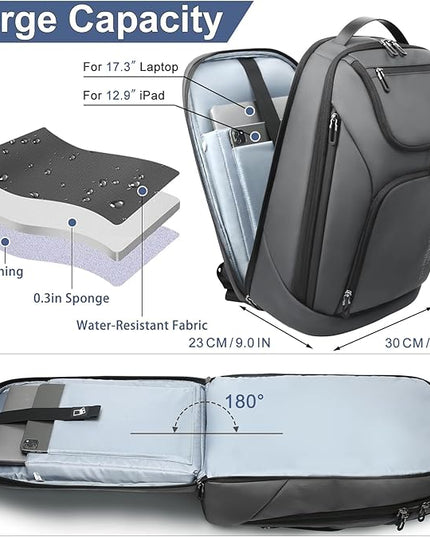 hk Business Smart Backpack for Men Anti-Theft for 17.3 Inch Laptop with USB Charging Port Water-Resistant Large Durable Compact 30L for Travel College Work-Deep Grey