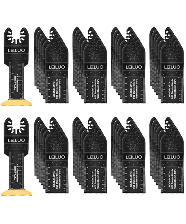 LEILUO 50 Pcs Oscillating Saw Blades Kit Extra-Long Titanium Multitool Blades for Wood Nails Drywall Universal Oscillating Tool Accessories with Storage Bag Fits DeWalt Makita Milwaukee and More