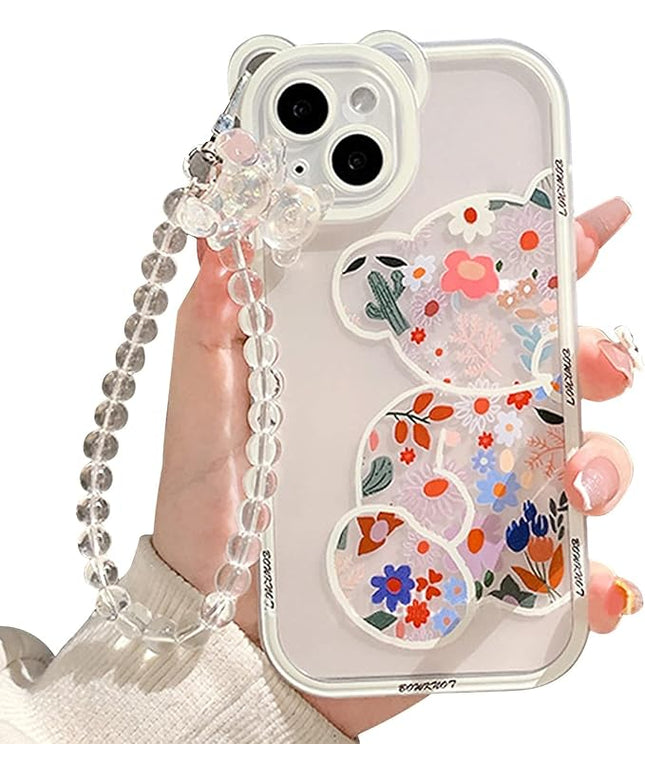 iPhone 15 Pro Max Case - Clear Cute Flower Bear with Pearl Chain for Girls - White Silicone Shockproof Protective Girly - Flower Bear