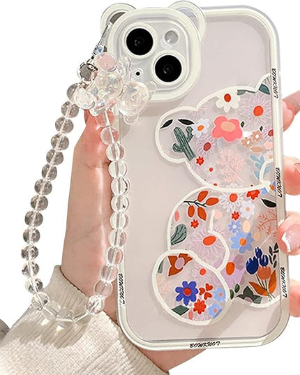 for iPhone 16 Pro Max Case Clear Cute Flower Bear with Pearl Chain for Girls with Bear Ears Soft TPU Shockproof Protective Girly -Flower Bear