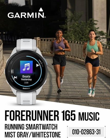 Wearable4U Garmin Forerunner 165 Music Running Smartwatch, Colorful AMOLED Touchscreen, Training Metrics and Recovery Insights Includes PowerPack +Adapters Bundle, Mist Gray/Whitestone