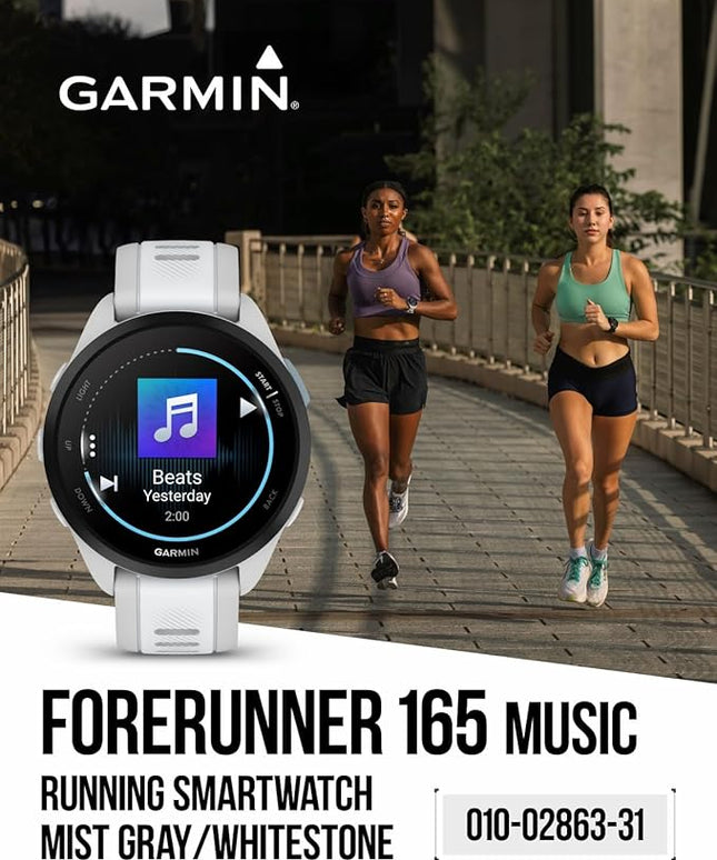 Wearable4U Garmin Forerunner 165 Music Running Smartwatch, Colorful AMOLED Touchscreen, Training Metrics and Recovery Insights Includes PowerPack +Adapters Bundle, Mist Gray/Whitestone