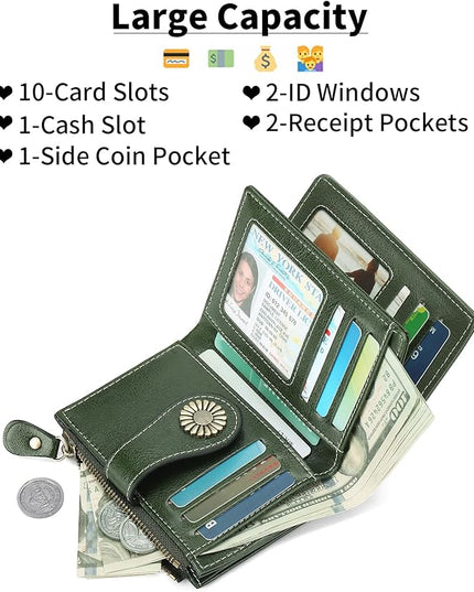 SENDEFN Small Womens Wallet Leather Bifold Card Holder RFID Blocking with Zipper Coin Pocket
