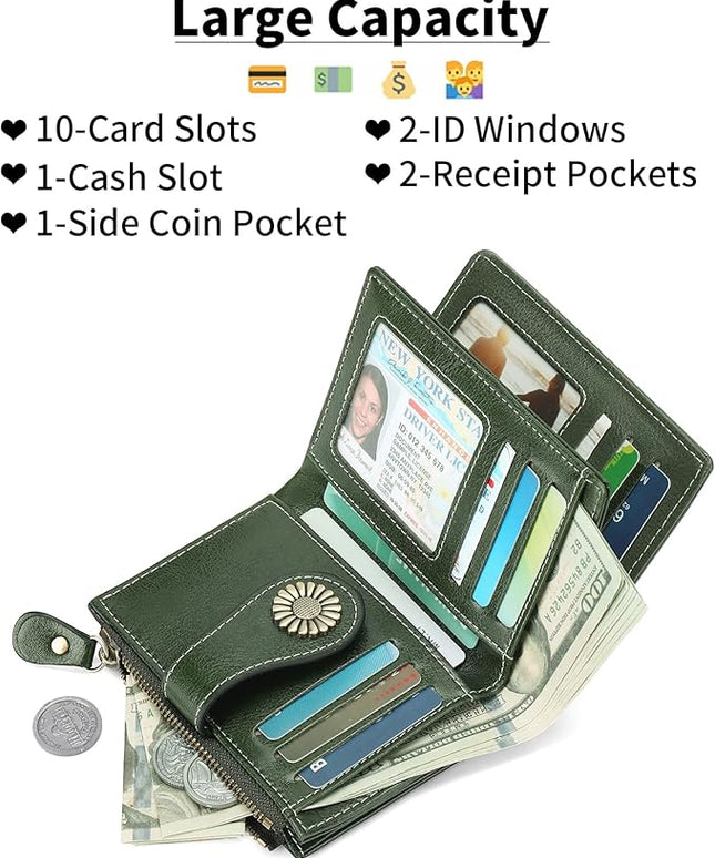 SENDEFN Small Womens Wallet Leather Bifold Card Holder RFID Blocking with Zipper Coin Pocket