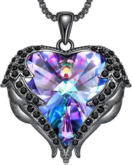 CDE Christmas Gifts for Women Angel Wings Necklace for Women with Birthstone, Love Heart Silver Tone/Gold Tone Pendant, Ideal Anniversary or Birthday Jewelry Gifts for Wife Girlfriend Her