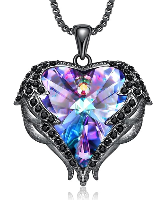 CDE Christmas Gifts for Women Angel Wings Necklace for Women with Birthstone, Love Heart Silver Tone/Gold Tone Pendant, Ideal Anniversary or Birthday Jewelry Gifts for Wife Girlfriend Her