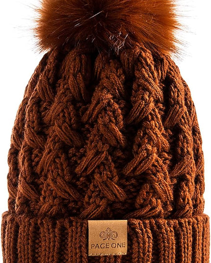 PAGE ONE Womens Winter Ribbed Beanie Crossed Cap Chunky Cable Knit Pompom Soft Warm Hat