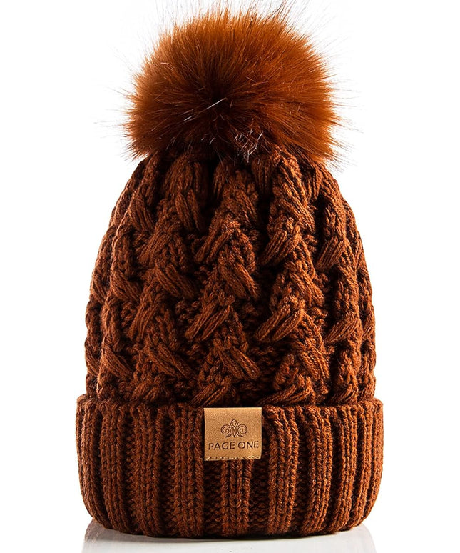 PAGE ONE Womens Winter Ribbed Beanie Crossed Cap Chunky Cable Knit Pompom Soft Warm Hat